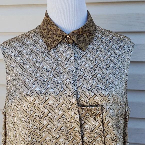 BURBERRY TB MONOGRAM 100% SILK OVERSIZED SHIRT BLOUSE TOP - Picture 5 of 13